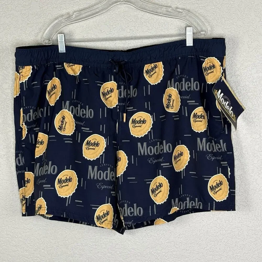 NWT Modelo Men's Board Shorts Swim Trunks Cerveza Beer Navy Blue Gold Size 2XL